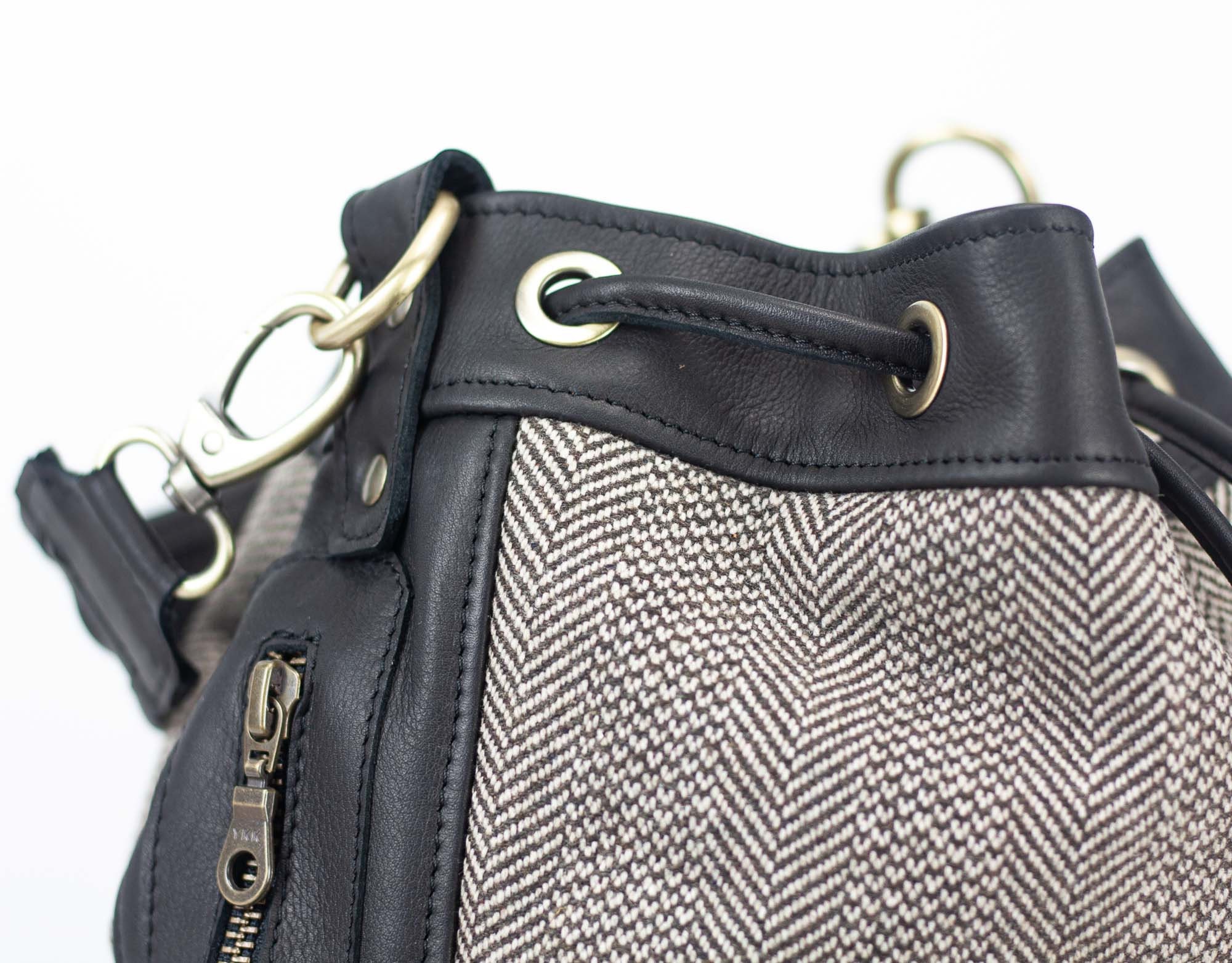 Black Bucket Bag in Leather and Wool Drawstring Bag Medium 