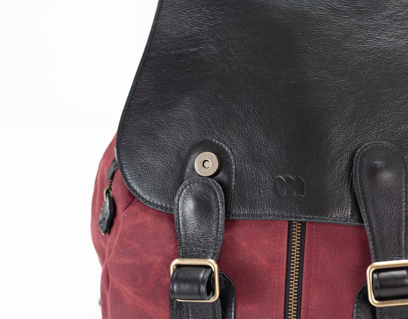 Backpack in burgundy waxed canvas and black leather, travel gift for her women pocket bag rucksack everyday back bag Artemis backpack image 3