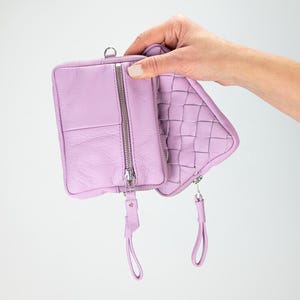 Lilac leather small wallet, coin pouch zipper pocket passport hand woven slim wallet credit cards case gift- The mini Antheia wallet