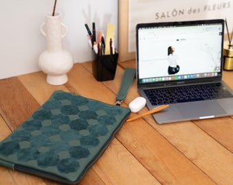 HandWoven Leather Laptop Case – Petrol Green Oversized Clutch with Wristlet, Tech Organizer Bag, Padded laptop Sleeve -Athena laptop case
