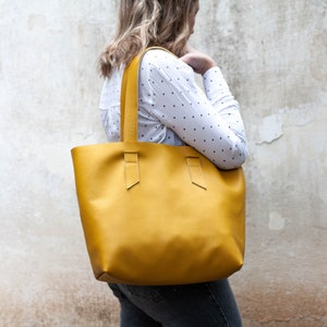 Yellow soft leather tote bag, raw edge leather purse shopper bag shoulder womens large market bag unlined leather tote Calisto bag image 1