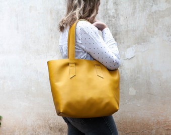 Yellow soft leather tote bag, raw edge leather purse shopper bag shoulder womens large market bag unlined leather tote  - Calisto bag