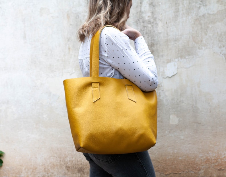 Yellow soft leather tote bag, raw edge leather purse shopper bag shoulder womens large market bag unlined leather tote Calisto bag image 1