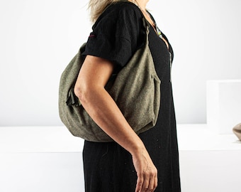 Sac hobo en laine à motifs verts et cuir marron, sac à main souple à bandoulière pour tous les jours, cadeau de style bohème pour elle - Mini sac Kallia