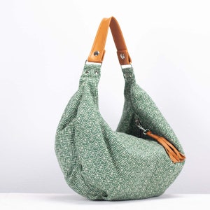 Hobo bag in green patterned wool and brown leather, slouch shoulder purse everyday bag boho style gift for her Mini Kallia bag image 2