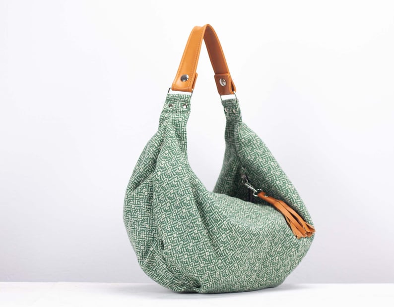 Hobo bag in green patterned wool and brown leather, slouch shoulder purse everyday bag boho style gift for her Mini Kallia bag image 2