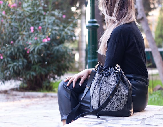 Black Bucket Bag in Leather and Wool Drawstring Bag Medium 