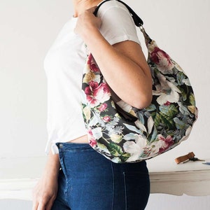 Floral hobo bag with canvas and black leather, cotton purse flower bag slouchy bag canvas everyday bag mothers day gift Mini Kallia bag image 3