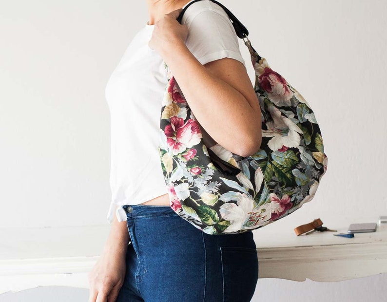 Floral hobo bag with canvas and black leather, cotton purse flower bag slouchy bag canvas everyday bag mothers day gift Mini Kallia bag image 3