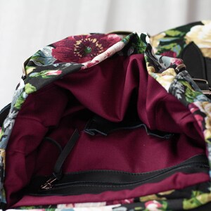 Backpack in floral canvas and black leather, travel backpack canvas rucksack knapsack everyday flower back bag women Artemis backpack image 5