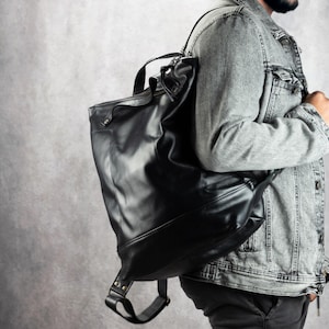 Black backpack in leather unisex, work simple backpack bag everyday bag backpack 15 MacBook 13 back bag gift for him- The Minos backpack