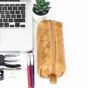 REC case - hand woven brown distressed leather makeup case, braided rectangular accessory bag purse case zipper pouch gift for her