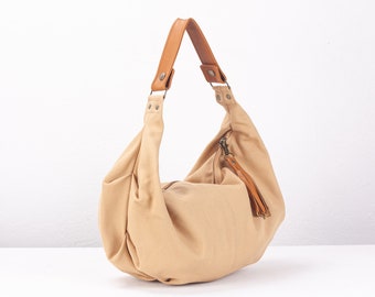 Sac hobo en toile marron sable avec cuir marron, sac à main de tous les jours en coton, sac hobo sac à main souple en coton, cadeau de style bohème - Mini sac Kallia