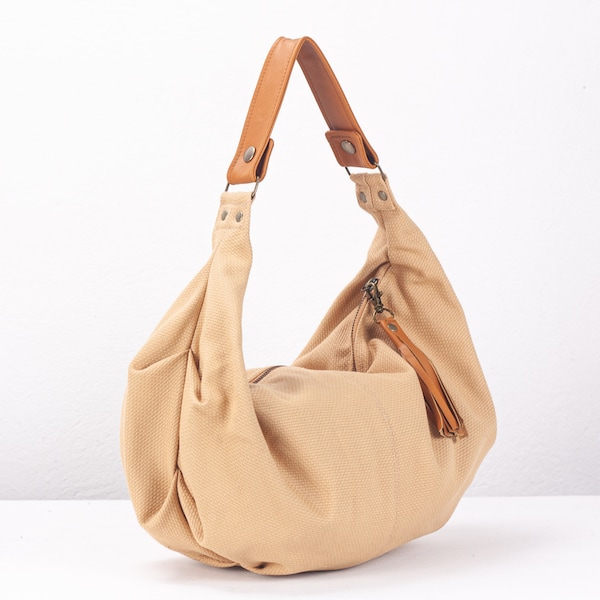 Sandy brown canvas hobo bag with brown leather, everyday purse cotton bag hobo slouchy purse cotton purse boho style gift - Mini Kallia bag