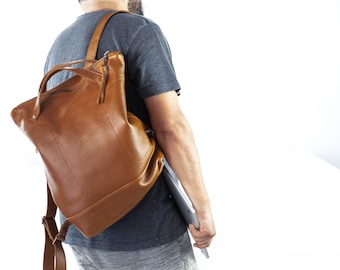 Brown backpack in leather unisex, work simple backpack bag everyday backpack 15 MacBook 13 mens back bag gift for him - The Minos backpack