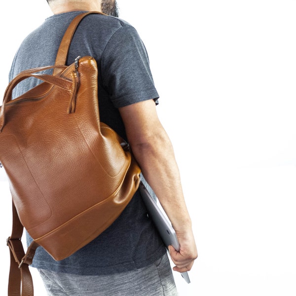Brown backpack in leather unisex, work simple backpack bag everyday backpack 15 MacBook 13 mens back bag gift for him - The Minos backpack