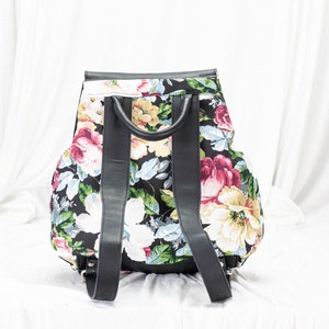 Backpack in floral canvas and black leather, travel backpack canvas rucksack knapsack everyday flower back bag women Artemis backpack image 4