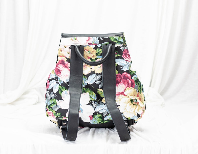 Backpack in floral canvas and black leather, travel backpack canvas rucksack knapsack everyday flower back bag women Artemis backpack image 4
