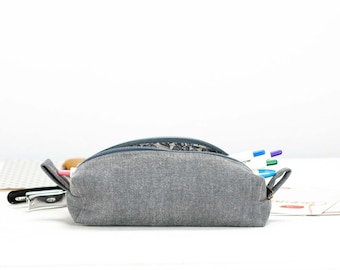 Grey canvas pencil case, rectangular accessory bag purse case glasses markers zipper pouch - The Rec pencil case