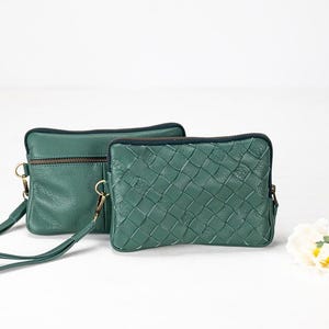 Cartera grande de piel de color verde petróleo, bolso de mano tejido a mano con cremallera para mujer, regalo para ella - La cartera Antheia