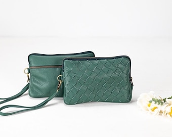 Leather wristlet large wallet in petrol green, hand woven clutch purse zipper handbag for women gift for her - The Antheia wallet
