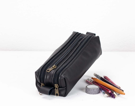 2REC Slim Case Large Black Leather Pencils Case, Makeup Bag Rectangular  Accessory Bag Purse Zipper Pouch Markers Zipper Pouch 