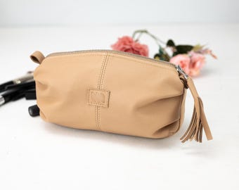 Beige leather cosmetic bag, makeup bag pencil case gift jewelry case travel bag vanity storage accessory toiletry case - Ariadne makeup bag