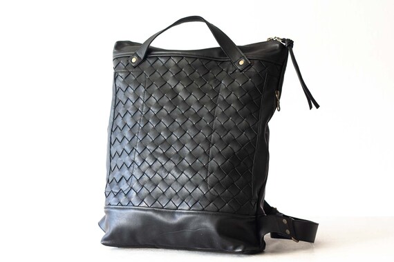 Leather woven online backpack