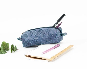 Blue hand woven leather pencils case, braided rectangular accessory bag purse case glasses markers zipper pouch gift - The Rec pencil case