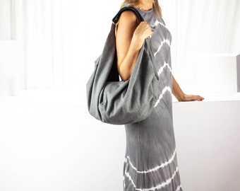 Grey cotton canvas bag with black leather, hobo purse slouchy bag shoulder purse carryall bag oversized purse everyday bag - Kallia bag