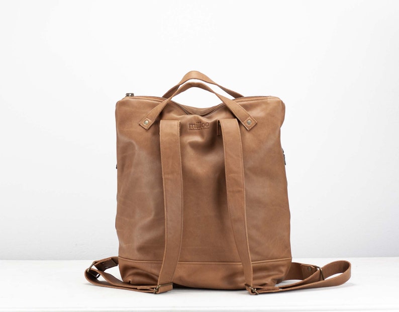 Sac à dos en cuir tressé à la main marron café au lait, sac à dos pour ordinateur portable de travail sac souple simple avec fermeture à glissière 15 sac à dos MacBook 13 Le sac à dos Minos image 5