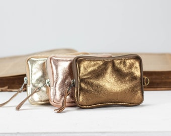 Zipper phone case in bronze, gold or silver coated metallic leather, coin purse money credit card purse gift for her -The Myrto Zipper pouch