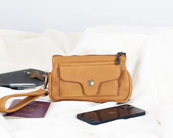 Brown Leather Wristlet Wallet, Pebbled Phone Wallet Clutch – Zipper Wallet for Women, Soft Leather Phone Case – The Thalia Wallet