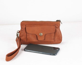 Wristlet wallet in tawny brown leather, womens phone wallet phone case zipper wallet clutch gift for her- Thalia Wallet