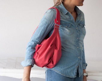 Sac à bandoulière hobo en toile rose et cuir, sac à main hobo en coton, cadeau de style bohème de tous les jours pour petite amie - Mini sac Kallia