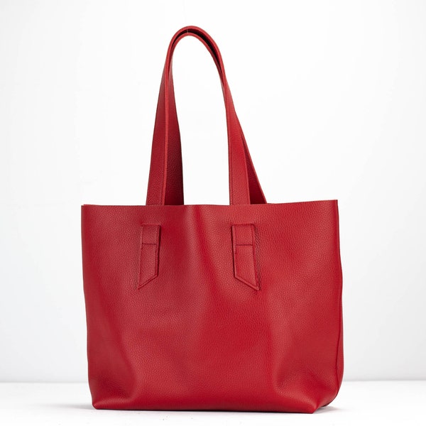 Bolso de cuero rojo, bolso de cuero de borde crudo, bolso de comprador diario, bolso de hombro para mujer, bolso de mercado grande sin forro, regalo del día de las madres - Bolso Calisto