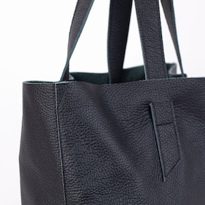 Black with soft pebbled leather tote bag, raw edge shopper everyday work bag purse unlined bag shoulder large market tote bag Calisto bag image 5