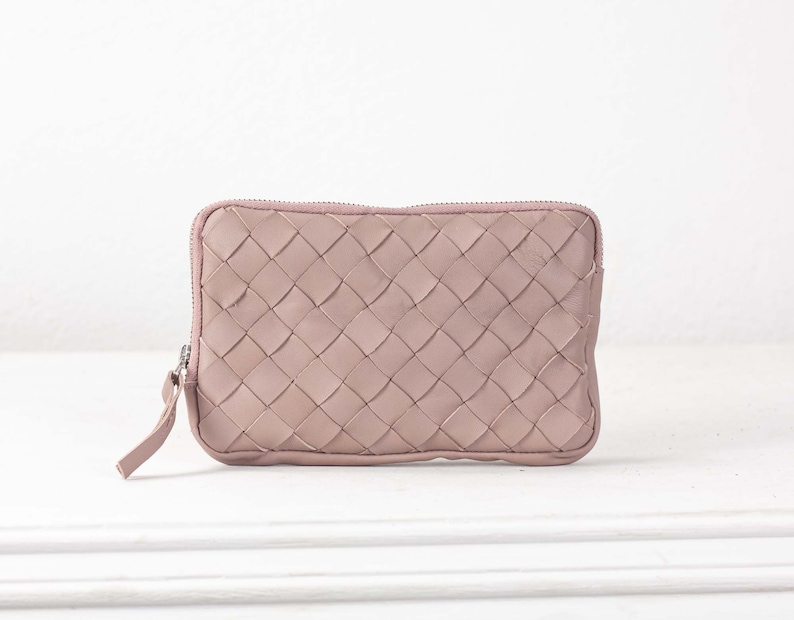 Beige pink leather hand woven zippered wallet, clutch purse zipper phone case money bag phone case purse handbag The Chloe wallet clutch image 3