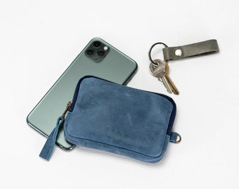 Porte-monnaie en cuir bleu vieilli, porte-monnaie pour carte de crédit avec fermeture éclair, petite pochette minimaliste, cadeau pour lui, portefeuille - La pochette Myrto