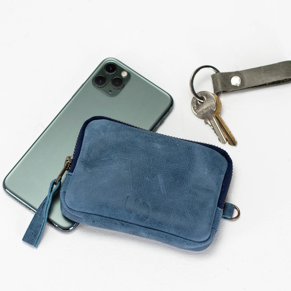 Blue distressed leather coin purse,  credit card purse zipper phone case minimalist small pouch gift for him wallet - The Myrto Zipper pouch