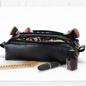 2REC Slim case - Large black leather pencils case, makeup bag rectangular accessory bag purse zipper pouch markers zipper pouch gift for her