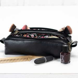2REC Slim case - Grande astuccio portapenne in pelle nera, astuccio portatrucchi rettangolare, borsa portaoggetti con cerniera, pennarelli, astuccio con cerniera, regalo per lei