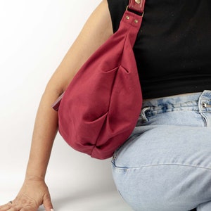 Hobo bag in wine red canvas with leather handle, everyday purse cotton bag hobo slouchy purse cotton purse boho style gift - Mini Kallia bag