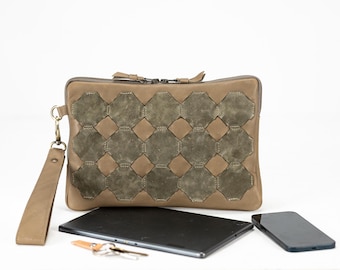 Woven Leather Tablet Clutch – Khaki Brown Handwoven Oversized Clutch with Detachable Wristlet,  Gift for Her - Athena Tablet Clutch