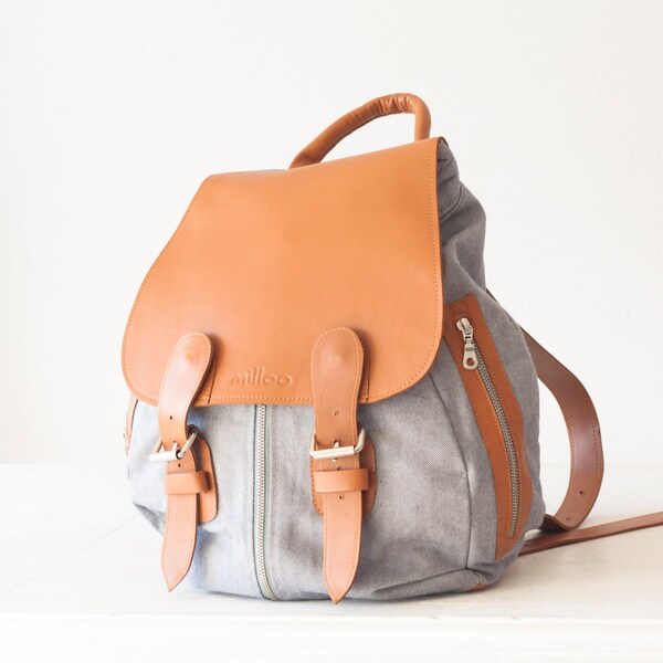 Woman backpack in blue canvas and brown leather, rucksack,knapsack,everyday backpack purse,back bag - Artemis backpack