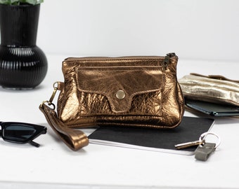 Wristlet clutch wallet in soft coated leather in Bronze, SIlver or Gold, womens phone wallet phone case zipper gift for her - Thalia Wallet