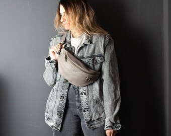 Fanny pack in stone grey leather, moon bag chest bag large waist bag belt bag medium hip bag bum sling bag bumbag gift - Haris fanny pack