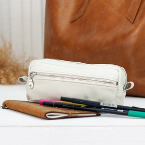 Astuccio per matite in pelle bianco sporco, astuccio per cosmetici, astuccio per cancelleria rettangolare, astuccio per accessori, occhiali, pennarelli, astuccio con cerniera, regalo - The Brick case