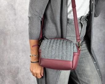 Oxblood Leather and Gray Quilted Wool Crossbody Bag Clutch – Calliope Purse