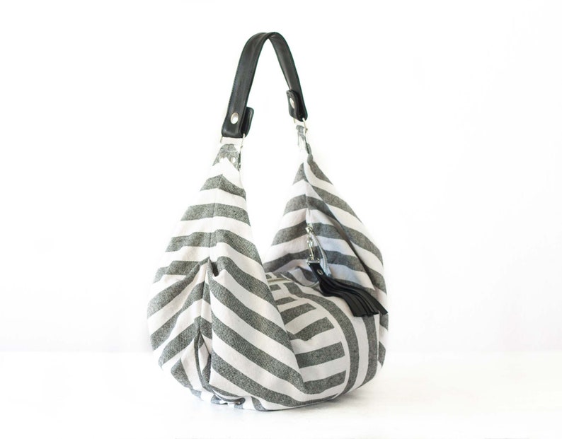 Hobo bag in stripe canvas and leather, boho style slouchy purse handbag cotton summer purse everyday purse gift for her Mini Kallia bag image 2